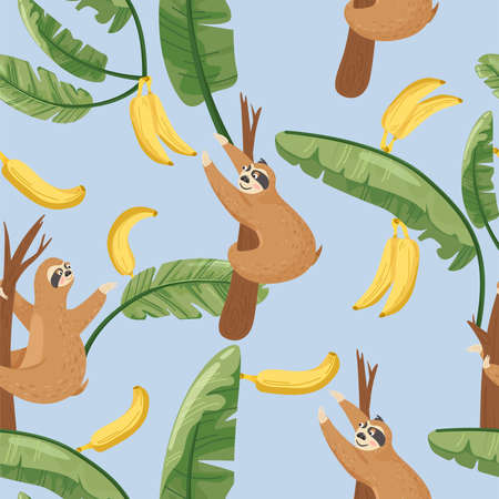 Seamless pattern with cute lazy sloths and exotic palm banana leaf. Vector jungle floral background for textile, postcard, wrapping paper, cover, t-shirt.のイラスト素材