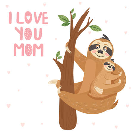 Happy Mother's Day cards. Mother sloth with baby hanging on branch. I love you mom. Vector illustration.のイラスト素材