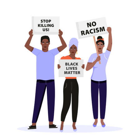 Black lives matter concept illustration. Group of people holding placards and protesting about human...