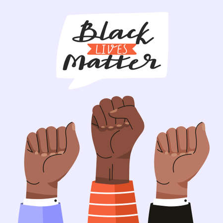 Black lives matter concept design. Protest illustration with fists and lettering phrase. Fighting for equality. Vector social poster, banner etc.のイラスト素材