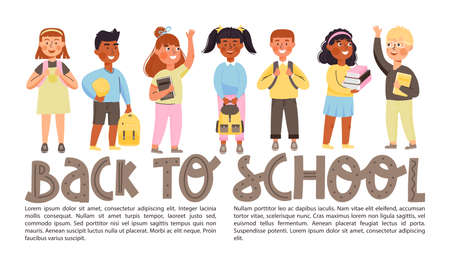 Back to school concept banner with copy space. Elementary school students different ethnicities with books and backpacks. Happy children go to school. Vector illustration with creative lettering.のイラスト素材