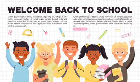 Back to school concept banner with copy space. Elementary school students different ethnicities with books, backpacks and stationery. Happy children go to school. Vector template.のイラスト素材