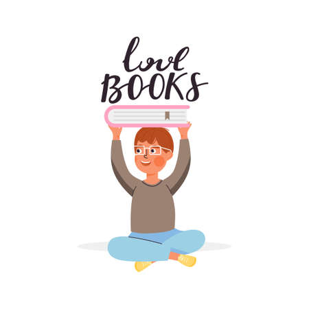 School time or book festival illustration. Young boy character holding book. Typography slogan design "love books" sign. Vector on white background.のイラスト素材