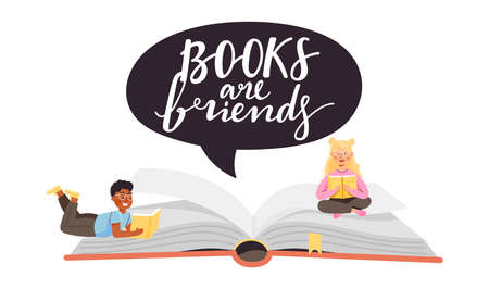 School time or book festival illustration. Open huge book with young children characters. Speech bubble with lettering âbooks are friendsâ. Vector on white background.のイラスト素材
