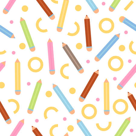Seamless pattern with various colorful pencil and abstract element. Back to school illustration on white background.のイラスト素材