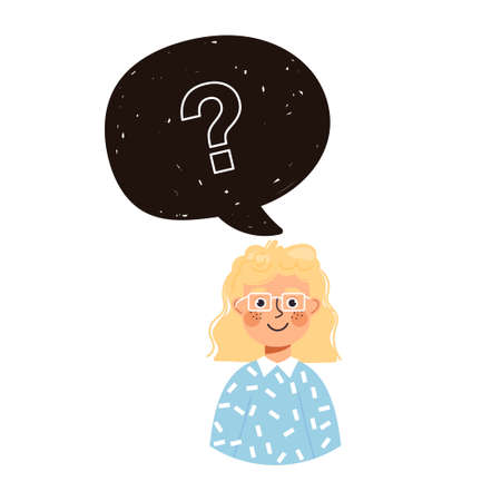 Young girl character and speech bubble with question mark. Vector illustration isolated on white background.のイラスト素材