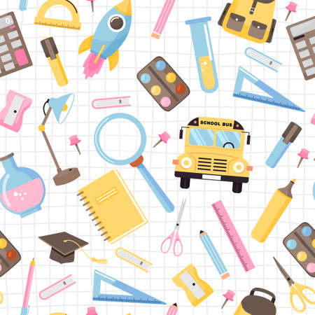 Seamless pattern with various school supplies. Back to school illustration on checkered background.のイラスト素材
