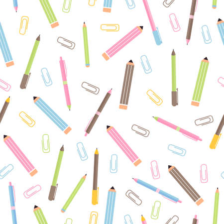 Seamless pattern with various school supplies. Back to school illustration on white background.のイラスト素材