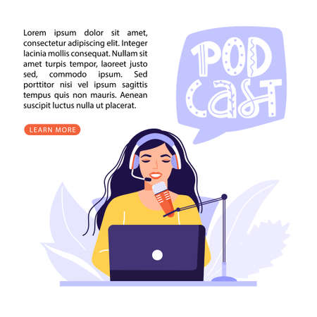 Podcast or interview concept. Podcaster recording podcast in studio with microphone and headphones. Lettering composition with copy space. Vector banner illustration.のイラスト素材