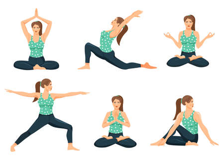 Young woman practicing yoga. Set of cute girls doing various yoga posture. Cartoon vector illustration on white background.のイラスト素材