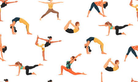 Seamless pattern with women in various yoga poses. Healthy lifestyle and yoga concept. Texture for textile, wrapping paper and packaging. Vector on white background.のイラスト素材
