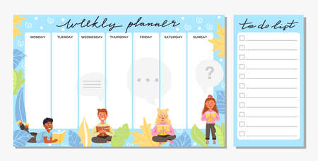 Collection of weekly planner and to do list template. School timetable or schedule design with various leaves and school children. Vector illustration.のイラスト素材