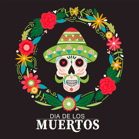 Dia de Los Muertos or Day of the Dead composition. Traditional Mexican festival. Sugar mexican skull with floral decoration. Illustration for poster, banner, card, invitation etc. Colorful vector template.のイラスト素材
