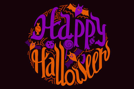 Halloween vector illustration. Poster with bat, pumpkin, sweet and lettering. Hand drawn lettering composition. Vector Illustration. Trick or Treat Concept.のイラスト素材