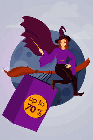 Halloween holiday greeting card. Halloween Sale vector composition with witch and big sale bag. Witch flies on the broomstick. Vector illustration. Trick or Treat Concept.のイラスト素材