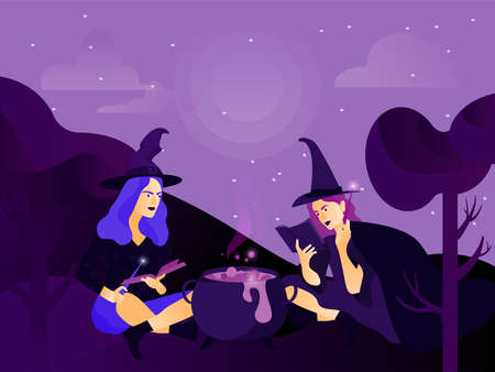 Halloween holiday greeting card. Young witches cooks a magical potion at dark wood. Vector Illustration. Trick or Treat Concept.のイラスト素材