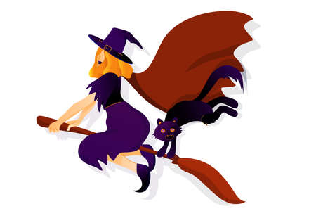 Halloween holiday greeting card with witch and cat. Witch flies on the broomstick. Vector Illustration. Trick or Treat Concept.のイラスト素材