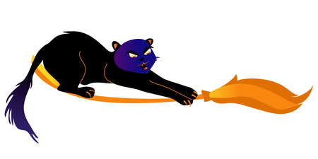 Halloween holiday greeting card with cat. Cat flies on the broomstick. Vector Illustration. Trick or Treat Concept.のイラスト素材