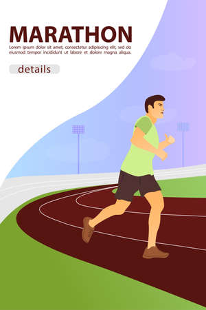 Vector illustration with running handsome man in flat style. Guy doing training on treadmills. Sport and healthy lifestyle illustration. Vector illustration.のイラスト素材