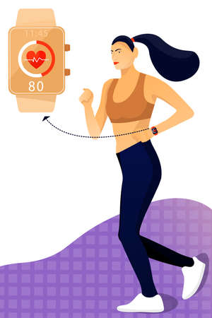 Sport concept with fitness tracker. Woman running with smart watch. Vector flat illustration.のイラスト素材