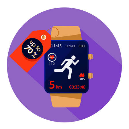 Sale vector illustration. Fitness bracelet and flat icon watches monitoring heart rate, calories, steps, and other options. Vector flat illustration.のイラスト素材
