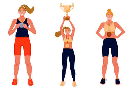Sport award illustration. Winners with award cup and medals. Vector flat illustration on white background.のイラスト素材