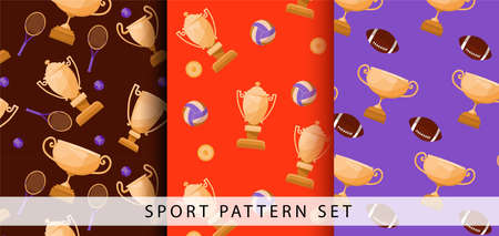 Set of sport seamless pattern. Different award cups, balls and tennis racquet. Vector flat illustration for sertificate, print, postcard, invitation, poster, background, book, t-shirt.のイラスト素材