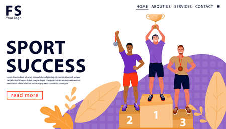 Sport award concept of ceremony of awarding trophy. Winners on the podium with award cup and medals. Landing page template. Vector flat illustration.のイラスト素材