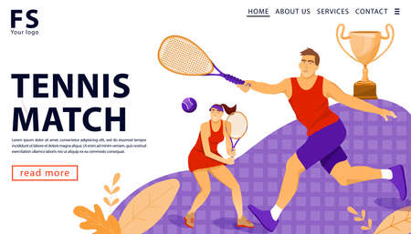Tennis match concept with gold award cup and tennis players. Landing page template. Vector flat illustration.のイラスト素材