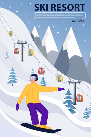 Ski resort banner illustration with ski lift and snowboarder. Sportsman slide down the slopes. Snowboarding in the mountains. Vector illustration.のイラスト素材