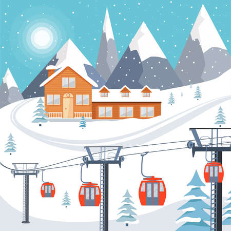 Ski resort illustration with wooden house and ski lift on snowy landscape with mountains, fir trees and snow hills. Vector illustration.のイラスト素材