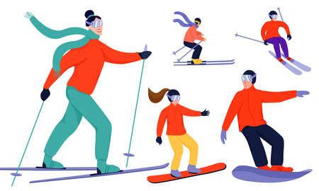 Collection of skiers and snowboarders. People with snowboards and skis. Vector illustration on white background.のイラスト素材