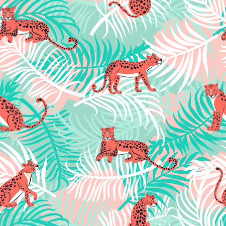 Leopard seamless pattern. Summer illustration. Composition with leopards in different poses and palm leaves. Vector illustration for textile, postcard, fabric, wrapping paper, background, and packaging.のイラスト素材
