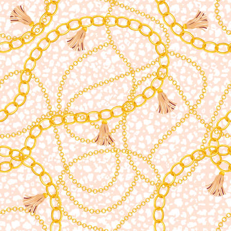 Fashion fabric seamless pattern with leopard skin and golden chains. Luxury print for textile...