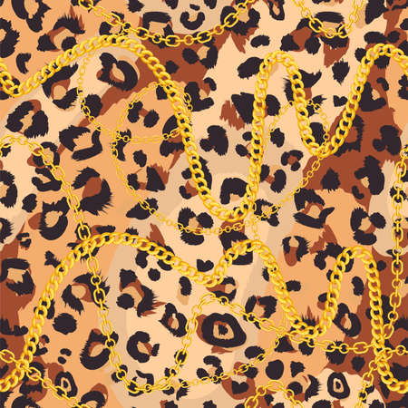 Fashion fabric seamless pattern with leopard skin and golden chains. Luxury print for textile design. Vector illustration.のイラスト素材