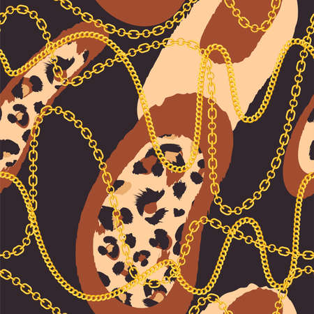 Abstract geometric seamless pattern. Fashion fabric pattern with leopard skin and golden chains. Luxury print for textile design. Vector illustration.のイラスト素材