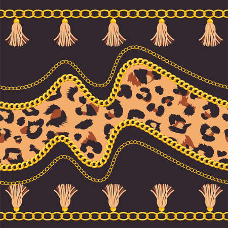 Abstract geometric seamless pattern. Fashion fabric pattern with leopard skin, braid and golden chains. Luxury print for textile design. Vector illustration.のイラスト素材