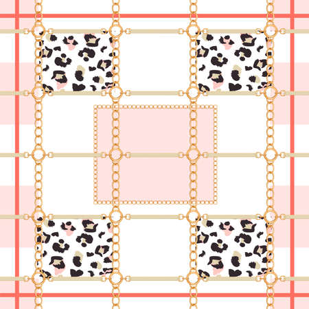Abstract geometric seamless pattern with golden chains, belts and leopard skin. Colorful fashion print for textile, scarf, silk shawls and cravat design. Vector illustration on white background.のイラスト素材