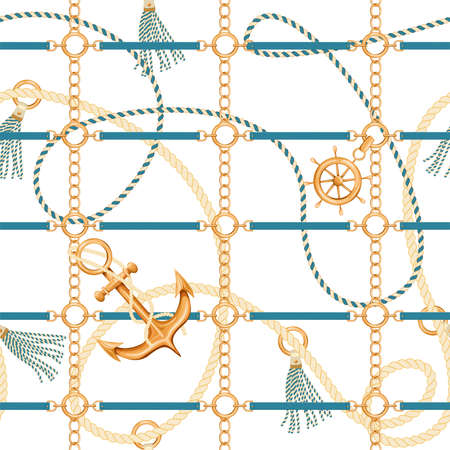 Seamless pattern with ropes, golden chain, tassels, ship wheel, belts and anchor. Marine motifs background. Trendy print for textile, wrapping paper, scarf, web background. Vector illustration on white background.のイラスト素材