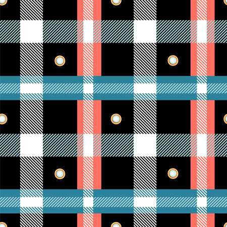 Checkered seamless pattern with golden accessory. Fashion print for textile, scarf, wrapping paper and tablecloth design. Vector illustration.のイラスト素材