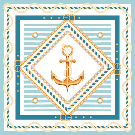 Abstract geometric pattern with golden chains, rope, belts, anchor and marine stripes. Marine background. Fashion print for textile, scarf, silk shawls and cravat design. Vector illustration.のイラスト素材