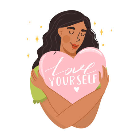 Self care, self acceptance, love yourself or body positive concept. Cute girl crosses hands and hugging big heart. Positive woman with heart and typography composition. Vector trendy cartoon illustration on white background. Print design.のイラスト素材