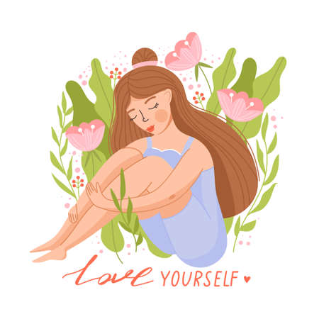 Cute girl sitting and hugging her knees. Self care, self acceptance, love yourself concept. Happy hug day greeting card. Positive woman with floral elements. Vector illustration on white background. Print design.のイラスト素材
