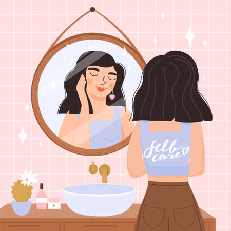 Girl stands in front of a mirror and looking at herself in in reflection. Everyday beauty routine. Self care, self acceptance, love yourself, narcissism concept.のイラスト素材