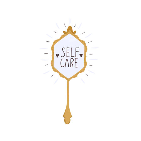 Decorative mirror with positive lettering phrase. Self care, self acceptance, love yourself, narcissism concept. Vector illustration on white background.のイラスト素材