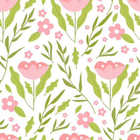Floral elegant seamless pattern with simple flower and leaves. Vector design for fabric, wrapping...