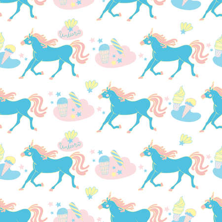 Set of Hand drawn seamless pattern with cute Unicorns and ice creams. Vector illustration.のイラスト素材