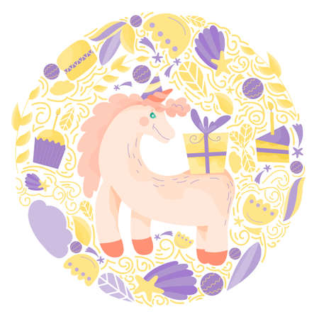 illustration with cute Unicorn and gifts in magical world. Cartoon hand drawn unicorn. Vector illustration.のイラスト素材