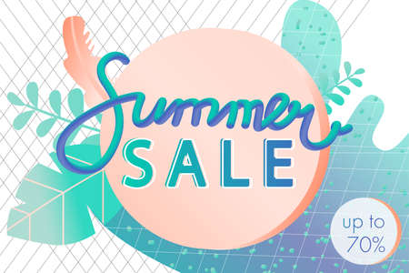 SUMMER SALE banner typography design. Creative lettering and leaves for seasonal sales. Vector illustration.のイラスト素材