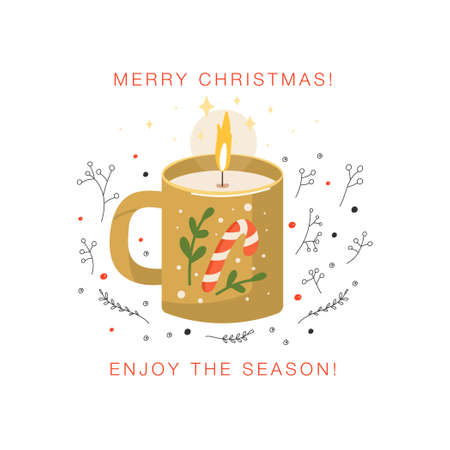 Burning aromatic candle in cup. Christmas and Happy New Year greeting card. Winter mood scent. aesthetic vector illustration.のイラスト素材